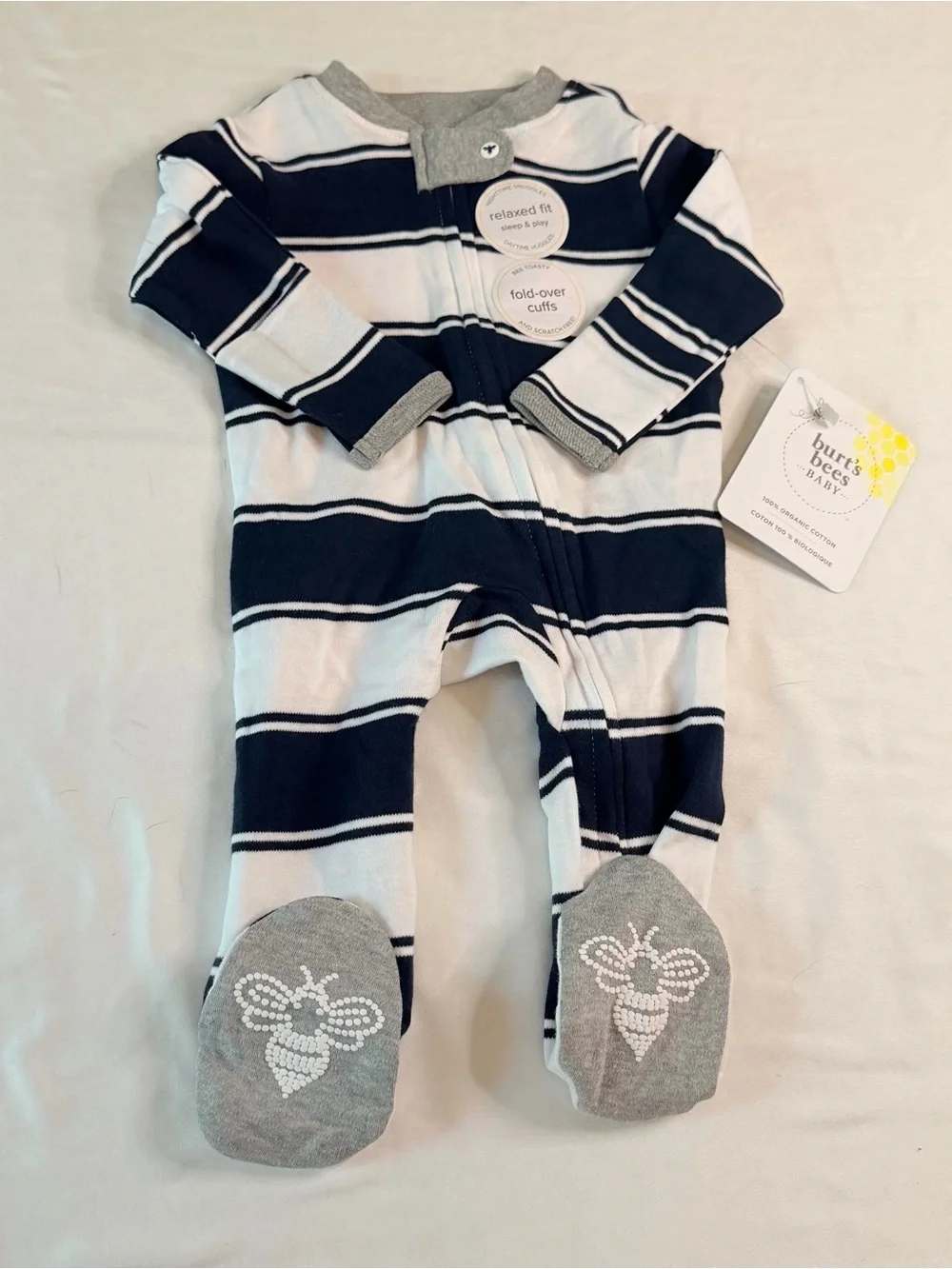 Burt’s Bees Baby Newborn Organic Cotton Striped Zip Sleeper Bee Feet NWT